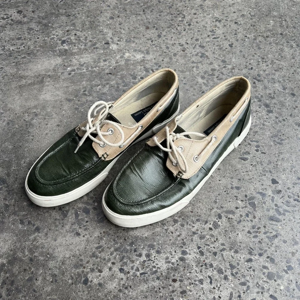 Polo Ralph Lauren Lander‎ Shoes Mens Size 11D Green Tan Coated Canvas Boat Deck